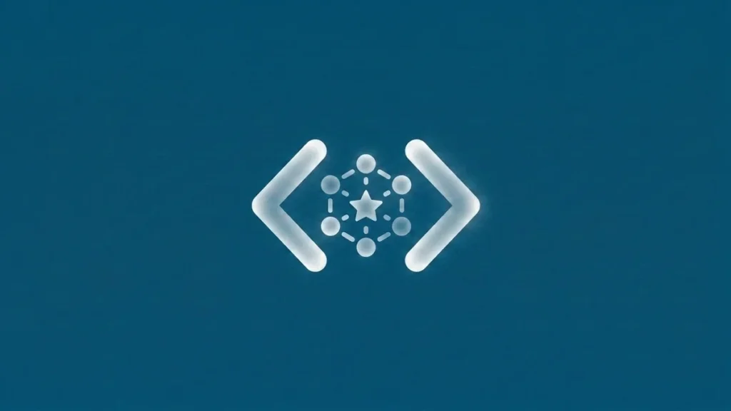 Ilustración de etiquetas de código con nodos conectados y estrella que representa los datos estructurados y el schema markup