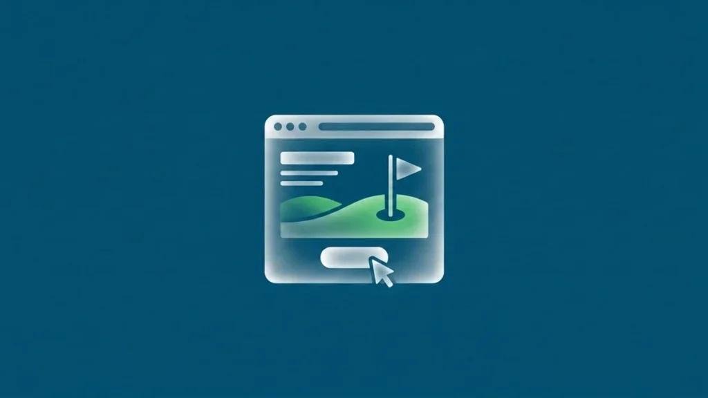 Ilustración de navegador web con campo de golf y botón de reserva que representa el diseño web para campos de golf