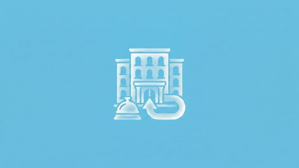 Ilustración de hotel con campana de recepción y flecha de reserva directa que representa el marketing hotelero
