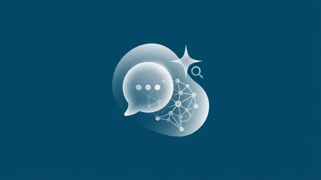 Ilustración de burbuja de chat con red neuronal y lupa que representa el GEO marketing y el posicionamiento en buscadores de IA