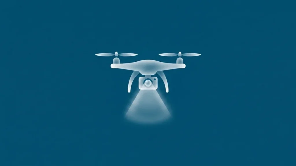 Ilustración de dron con cámara y haz de luz que representa la grabación aérea para marketing audiovisual