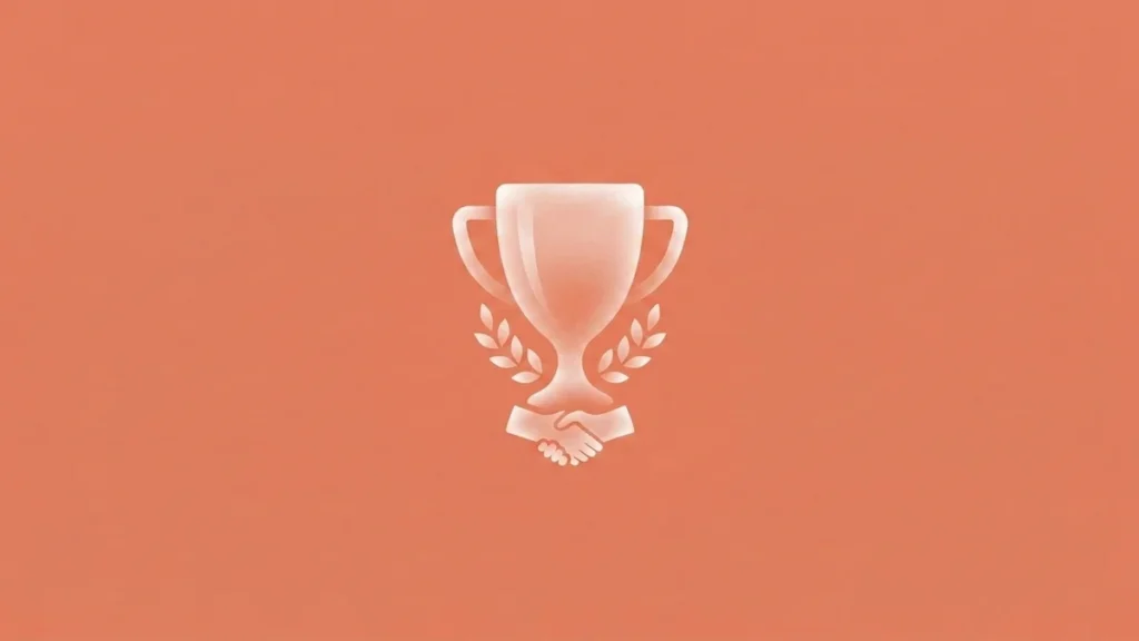 Ilustración de trofeo de golf con laurel y apretón de manos que representa el patrocinio de torneos para marcas
