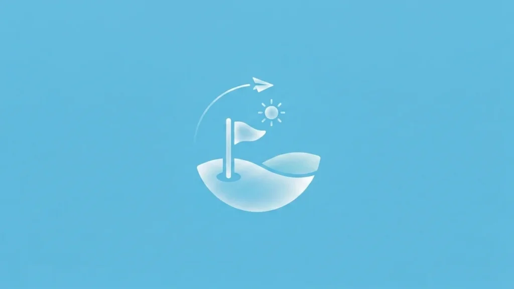 Ilustración de bandera de golf sobre un green con sol y avión de papel que representa el turismo de golf en España
